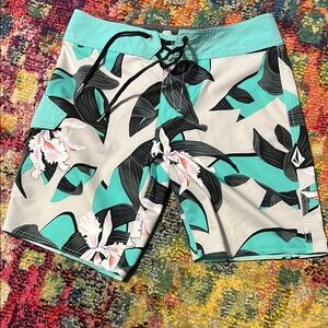 Volcom Teal and Black Floral Board Shorts